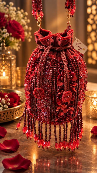 Crimson Royale – Hand-Embellished Beaded Potli Bag