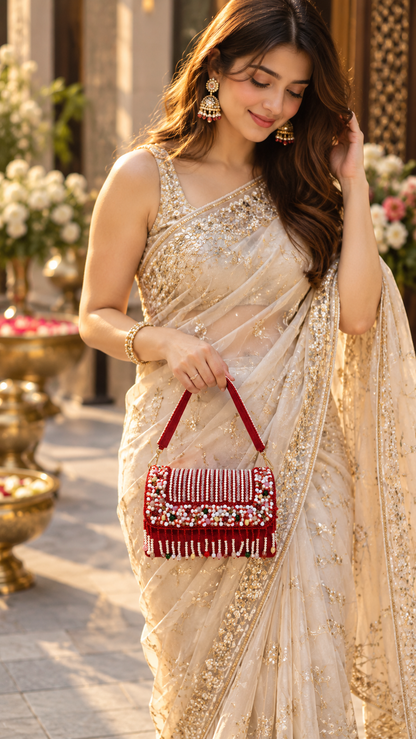 Ruby Royale – Handcrafted Pearl & Beaded Embellished Handbag