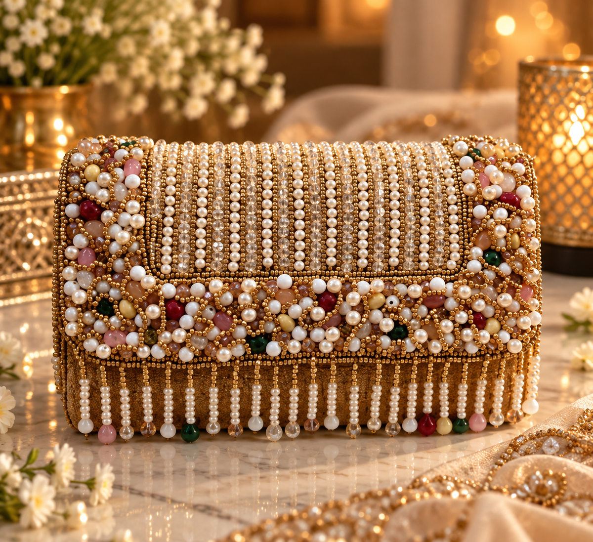 Pearl Cascade Embellished Gold Clutch