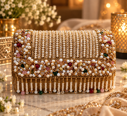 Pearl Cascade Embellished Gold Clutch