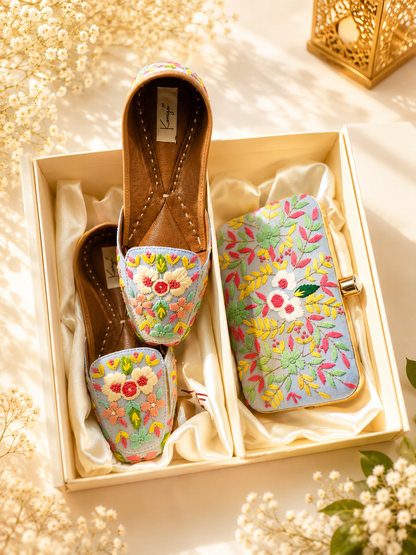 Pastel Bloom Embroidered Jutti & Clutch Bag Combo