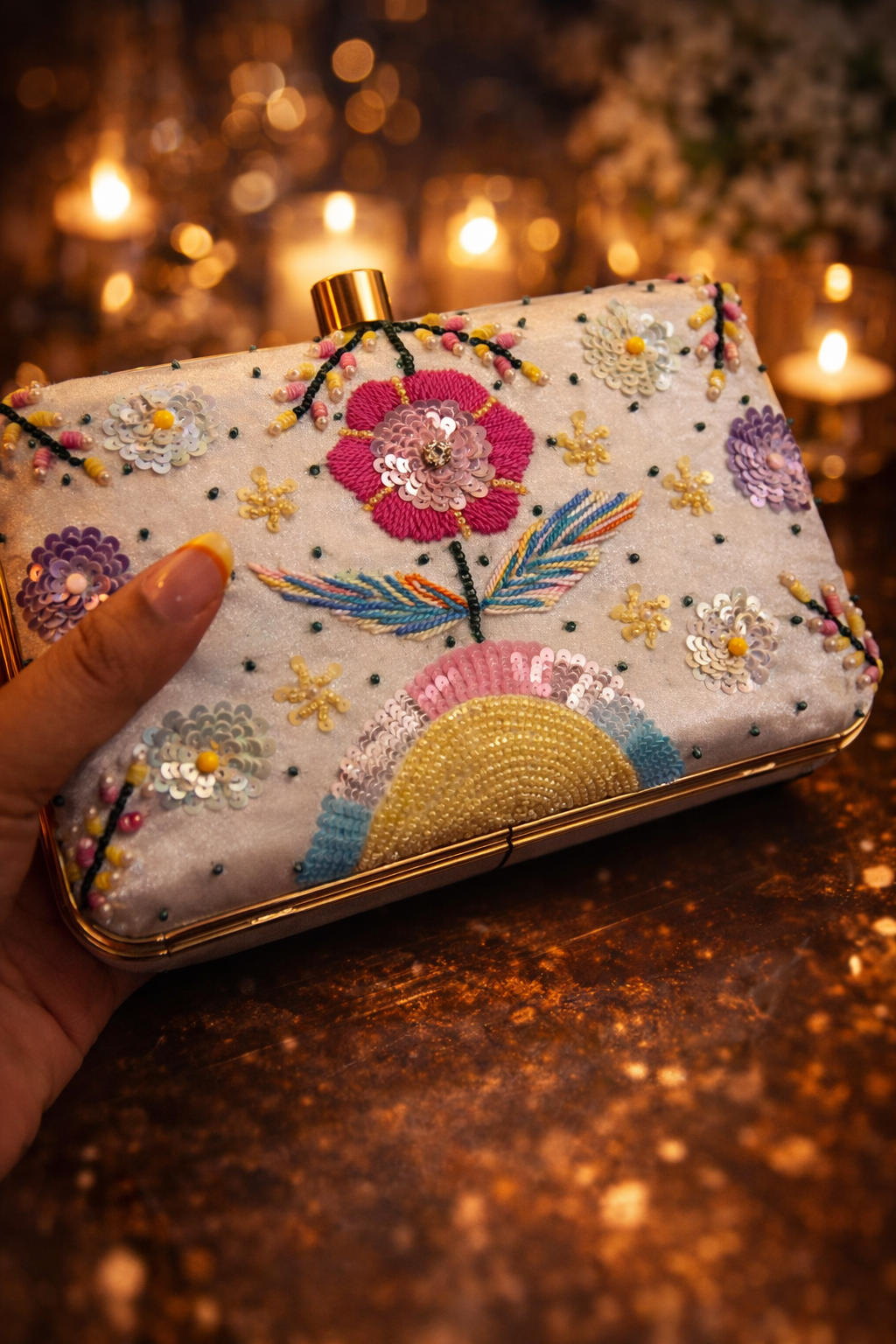 White floral pastel embroidery Clutch