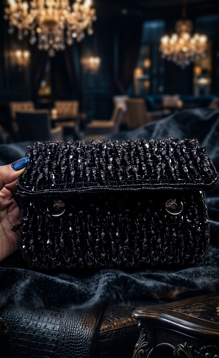 Black Beaded Statement Shoulder Bag