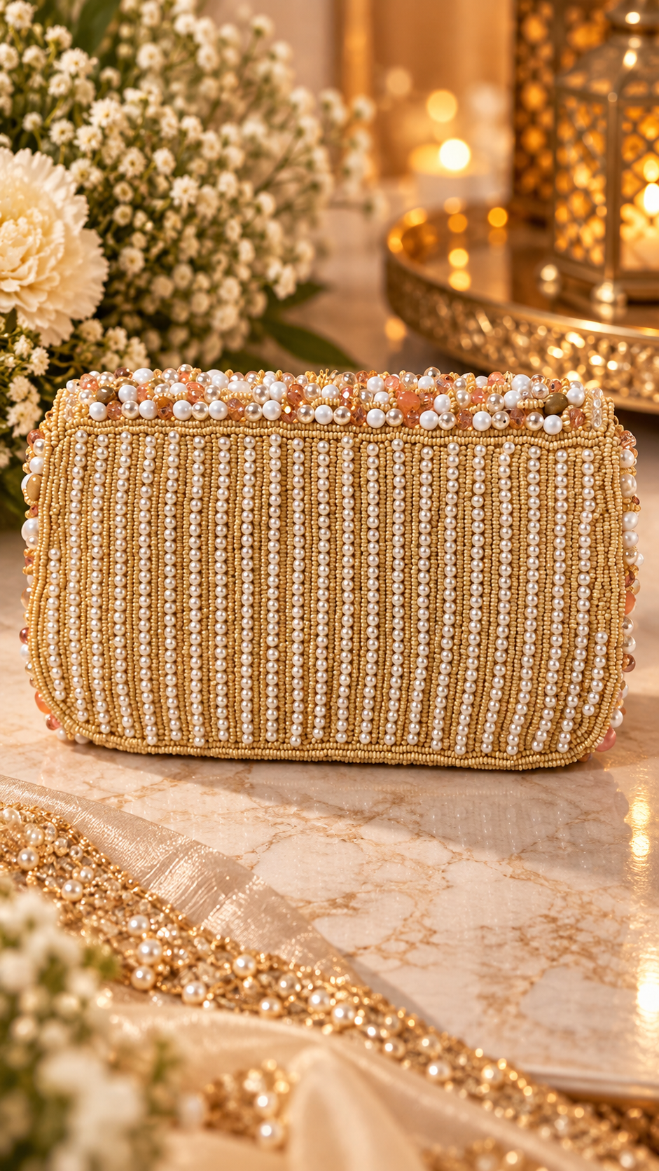 Pearl Shell Cascade Embellished Handbag- gold