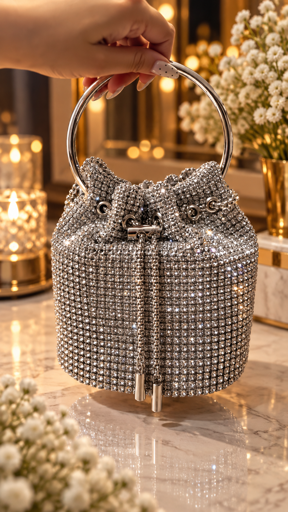 Silver Crystal Luxe Bucket Bag