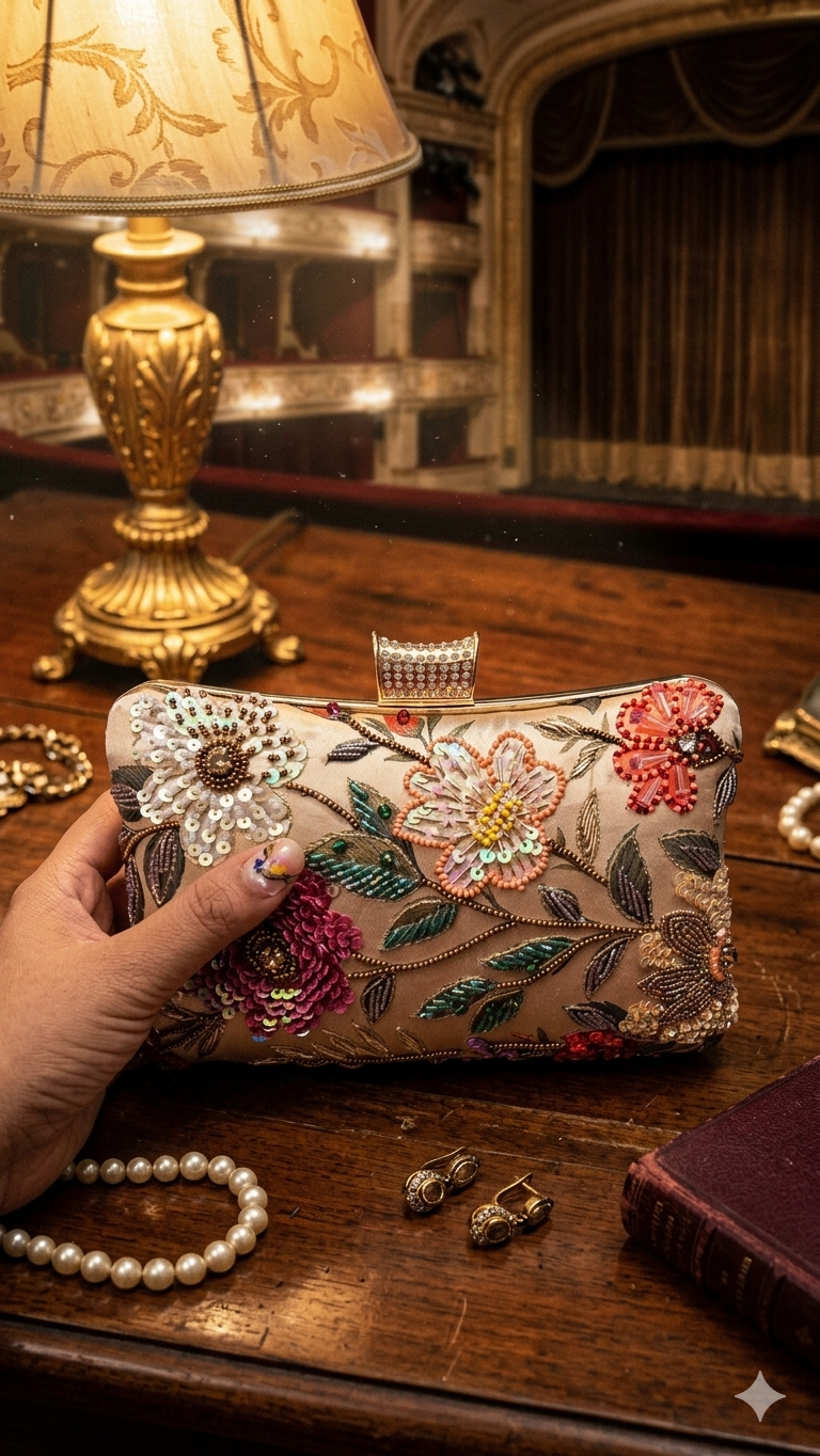 Champagne Garden Sequin & Beaded Box Clutch