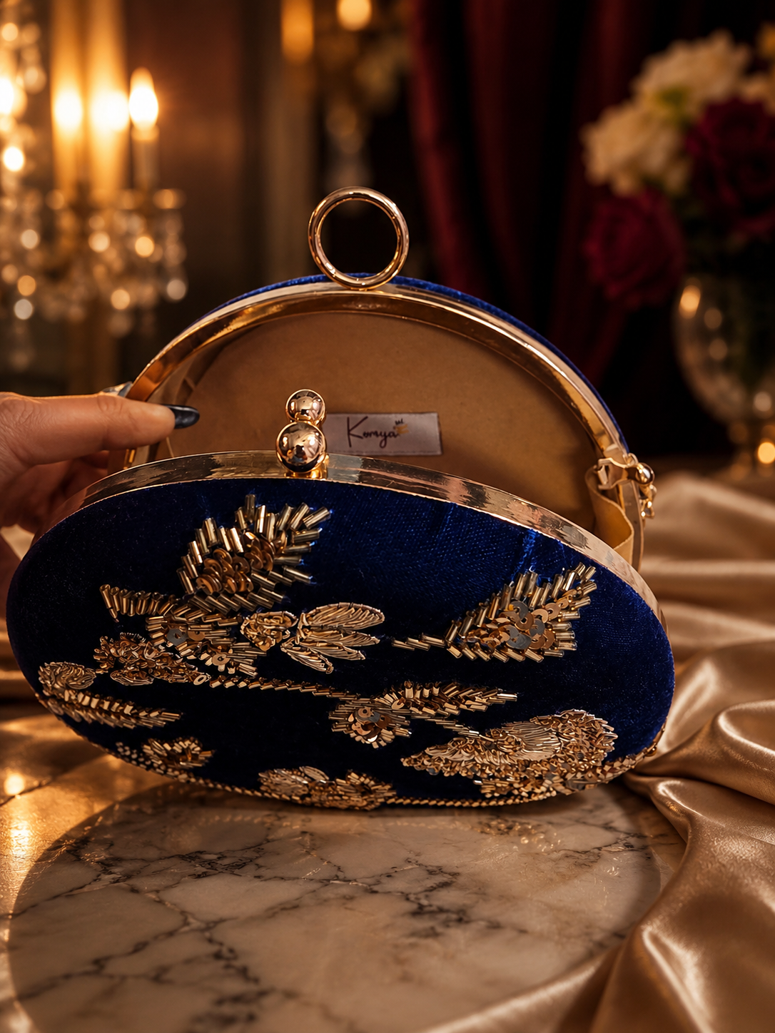 Round Embellished Velvet Clutch – Royal Blue