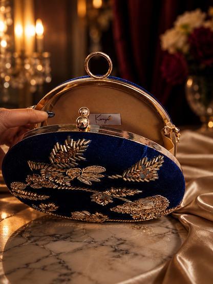 Round Embellished Velvet Clutch – Royal Blue