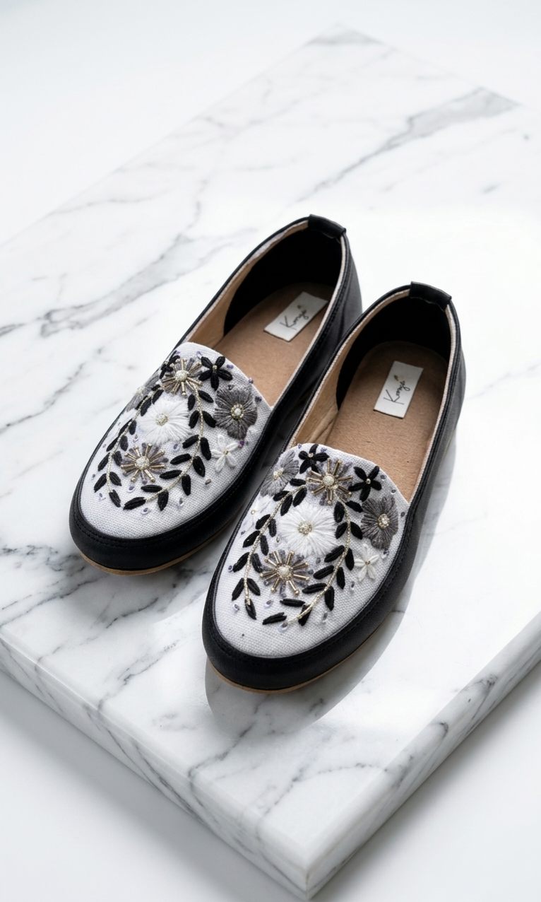 Black & White Floral Embroidered Slip-Ons