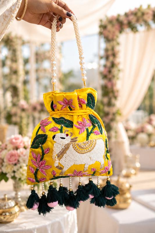 Pichwai Yellow Potli Bag