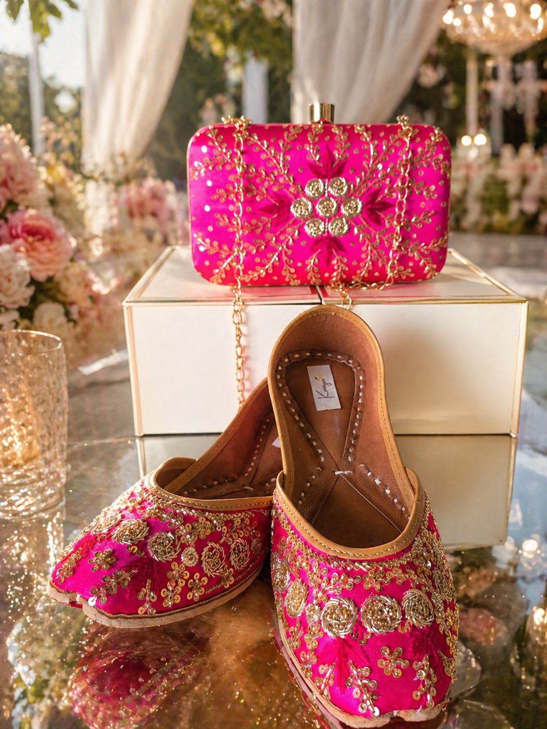 Rani Pink Zardozi Jutti & Clutch Bag Combo