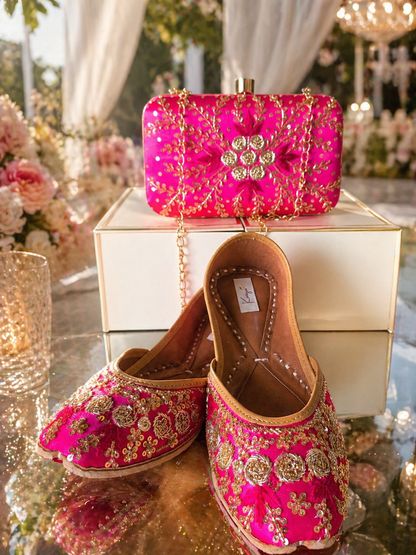 Rani Pink Zardozi Jutti & Clutch Bag Combo