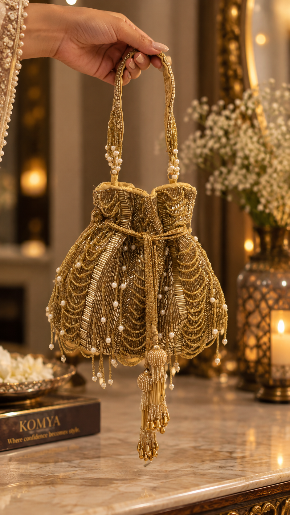 Golden Pearl Cascade Handcrafted Potli Bag