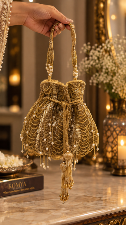 Golden Pearl Cascade Handcrafted Potli Bag