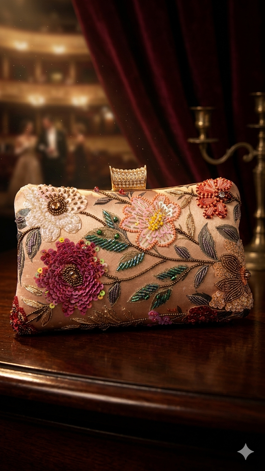 Champagne Garden Sequin & Beaded Box Clutch