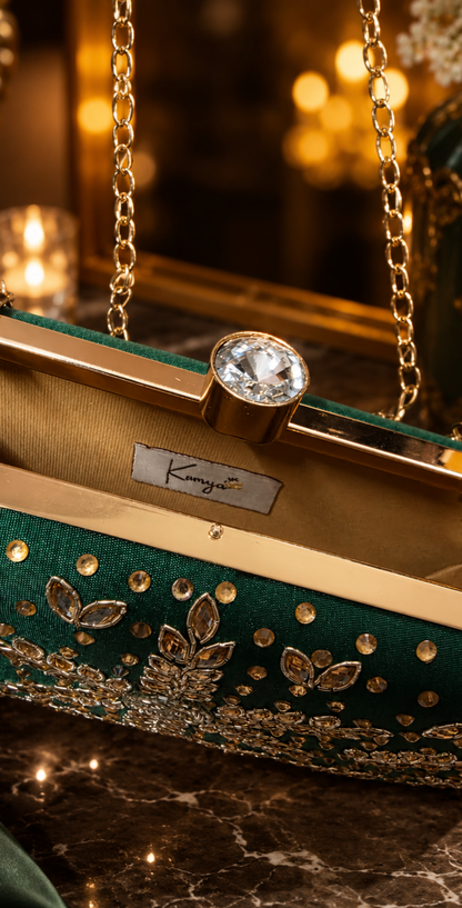 Green Embroidered Party Clutch