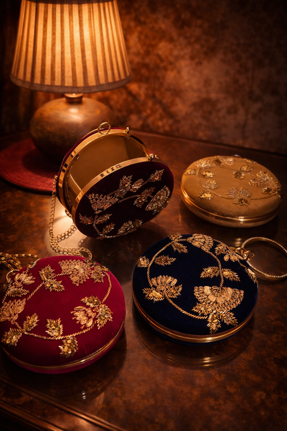 Round Embellished Velvet Clutch – Red
