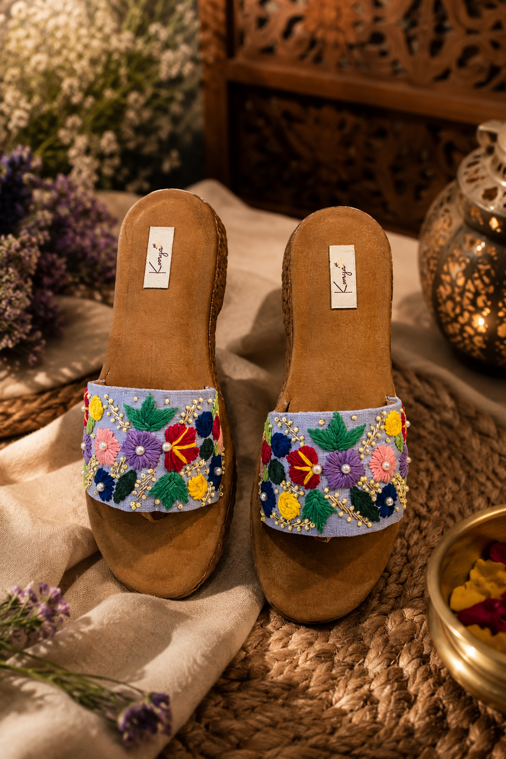 Lavender Bloom Embroidered Slides