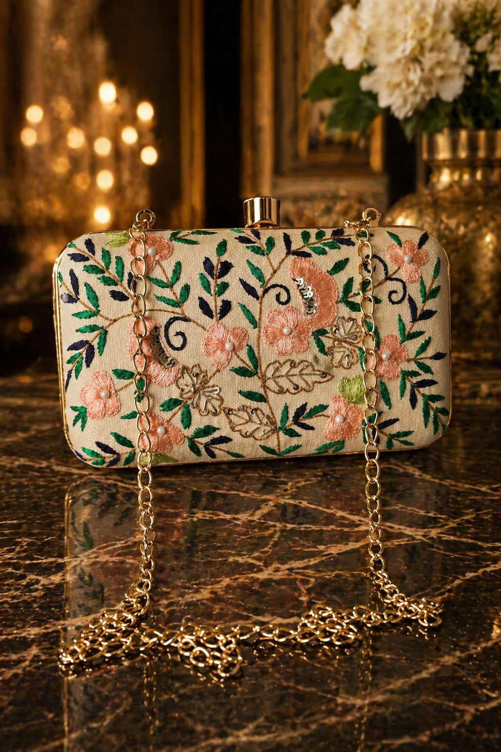 Mustard Beige Floral Jutti & Clutch Set