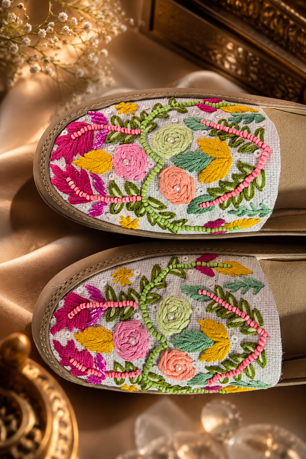 Beige/white embroidery with bead detailing Slip-On Shoes