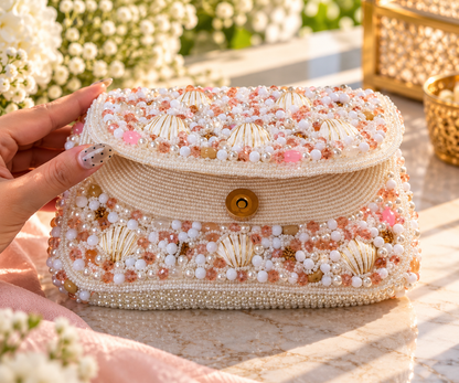 Pearl Shell Cascade Embellished Handbag - white