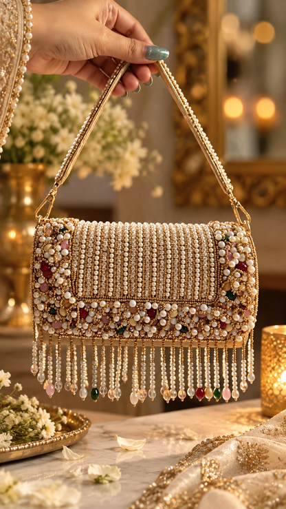 Pearl Cascade Embellished Gold Clutch