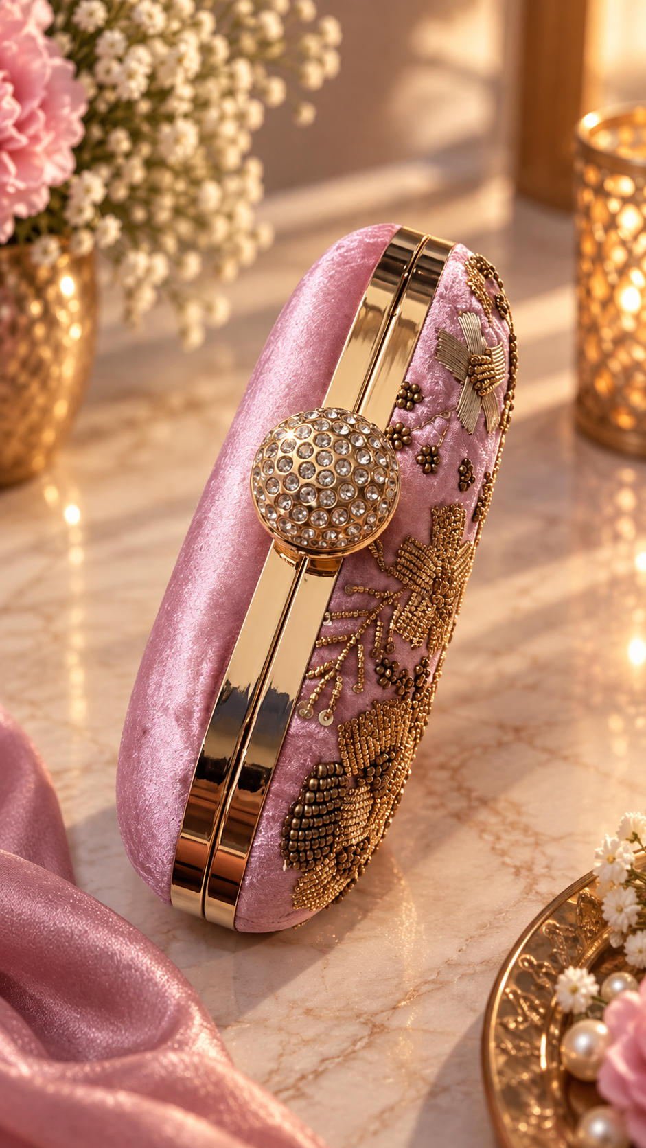 Blush Bloom Embellished Velvet Clutch