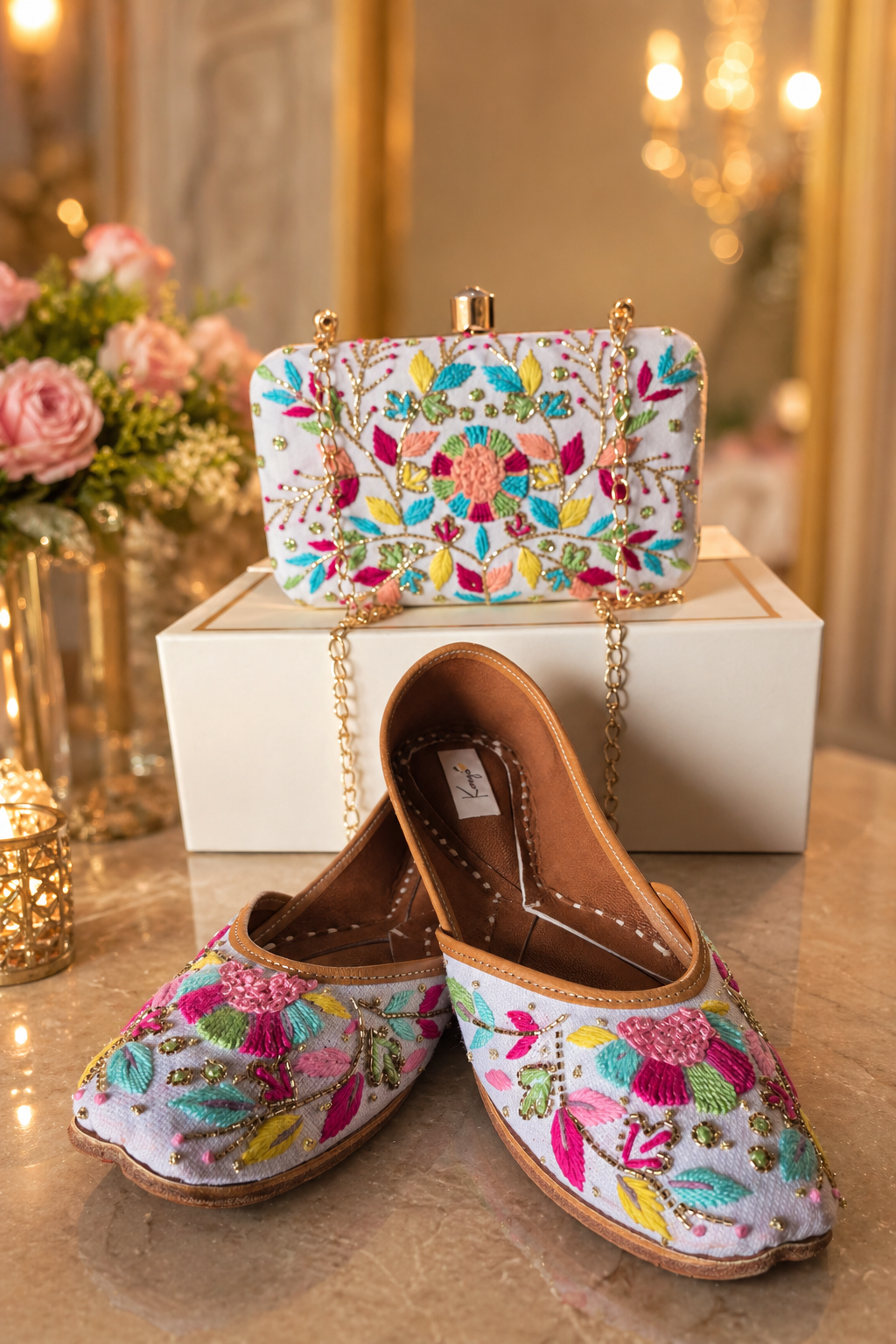White Floral Jutti & Clutch Bag Combo
