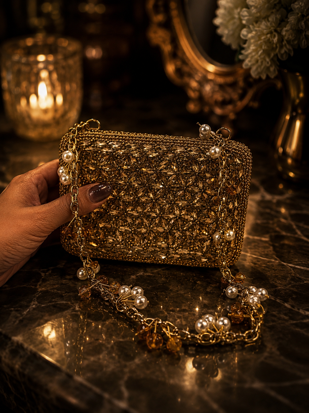 Antique Bronze Crystal Mini Clutch