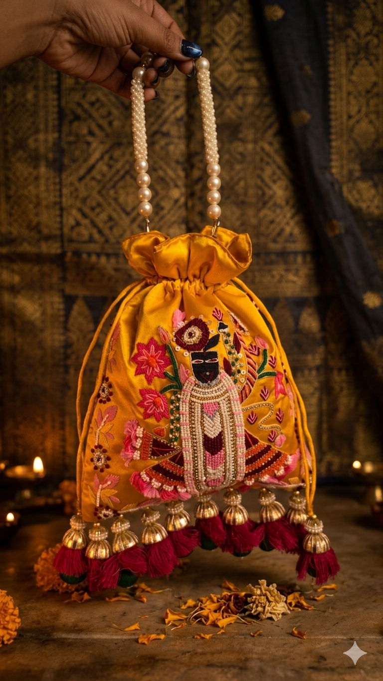 Shreenathji Embroidered Yellow Potli