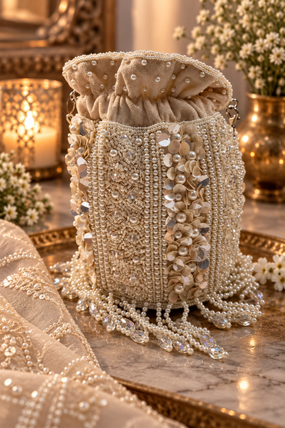 Ivory Pearl Cascade Potli Bag
