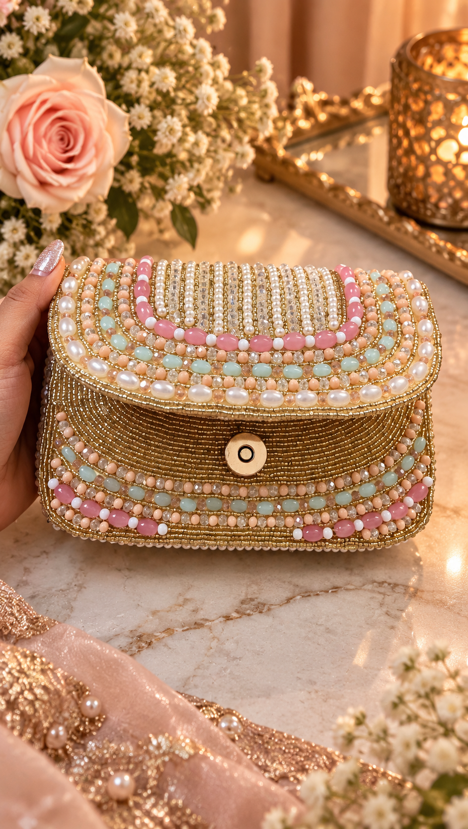 Pastel Pearl & Beaded Embellished Handbag