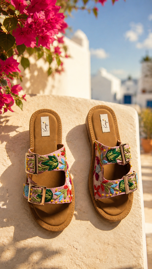 Pink Bloom Embroidered Summer Slides