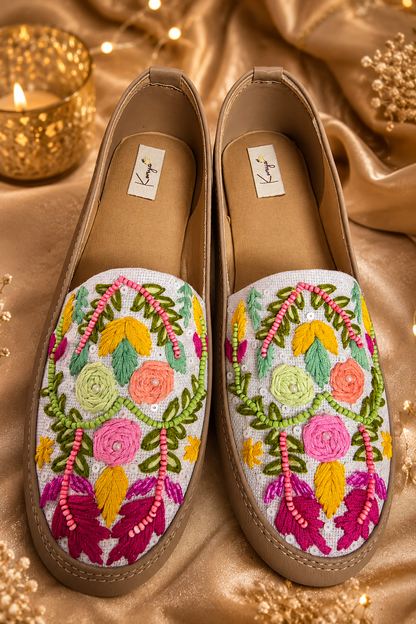 Beige/white embroidery with bead detailing Slip-On Shoes