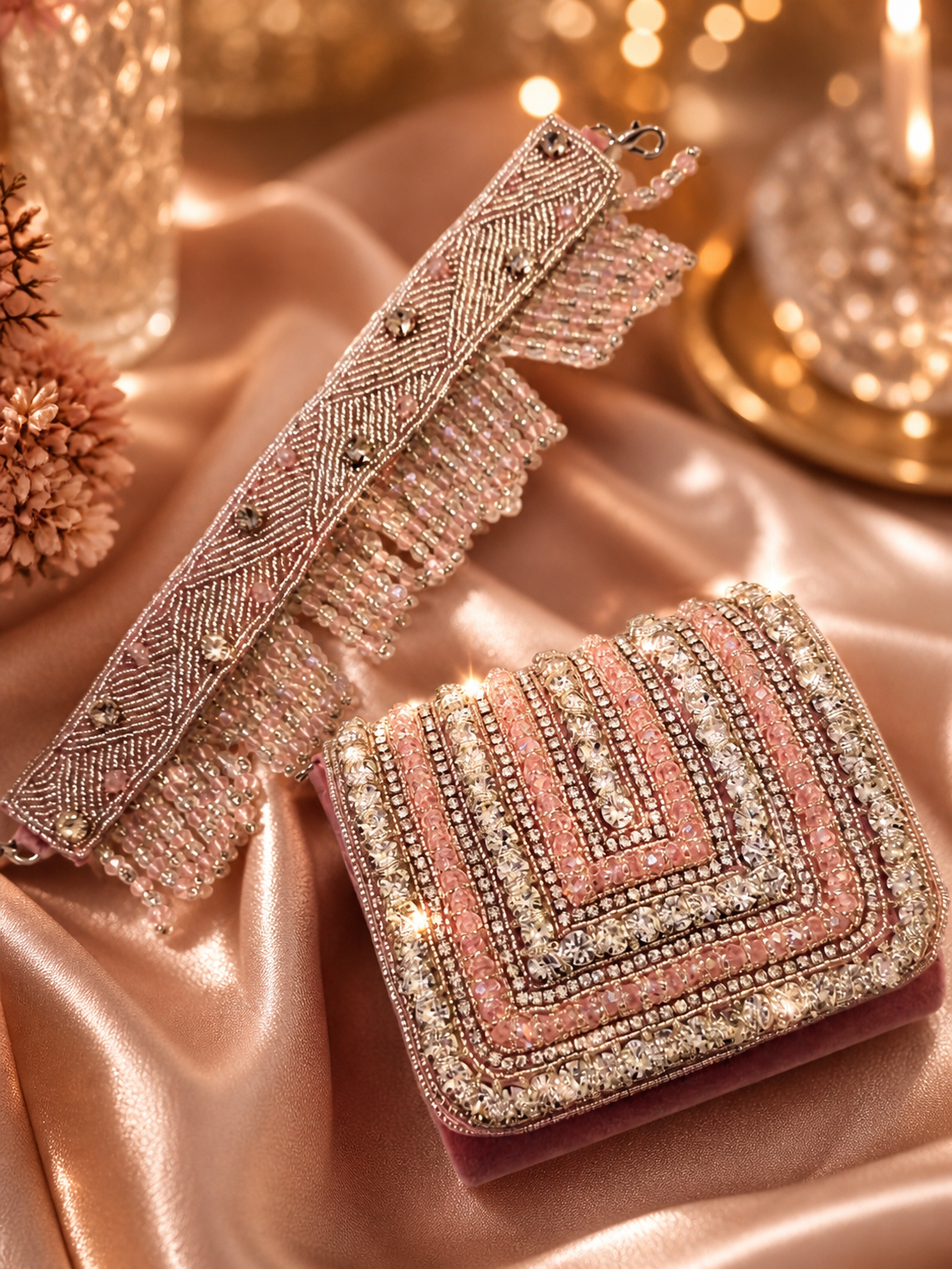 Embellished blush-toned Crystal Statement Bag