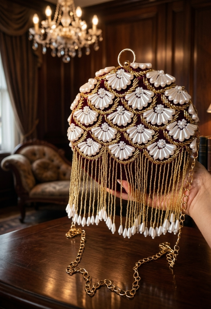 Pearl Round Clutch with tassels