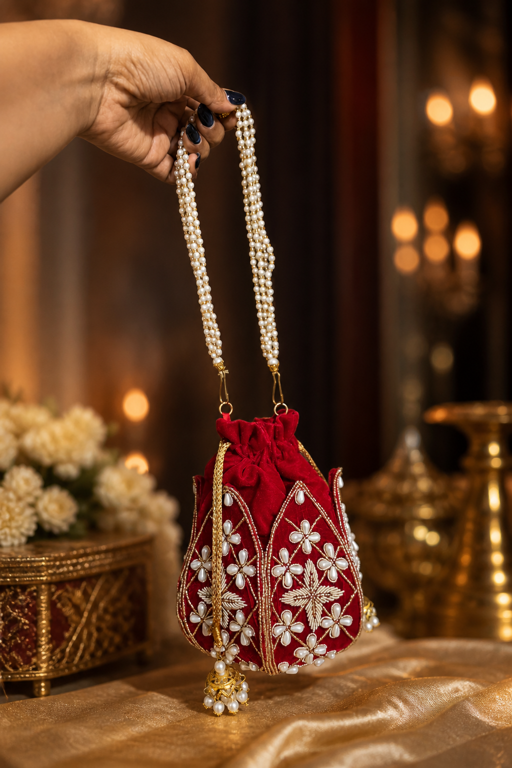 Silk Lotus Potli Bag (RED)