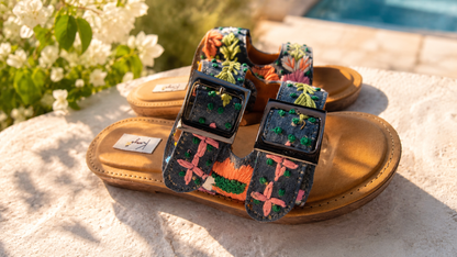 Blue Bloom Embroidered Slides