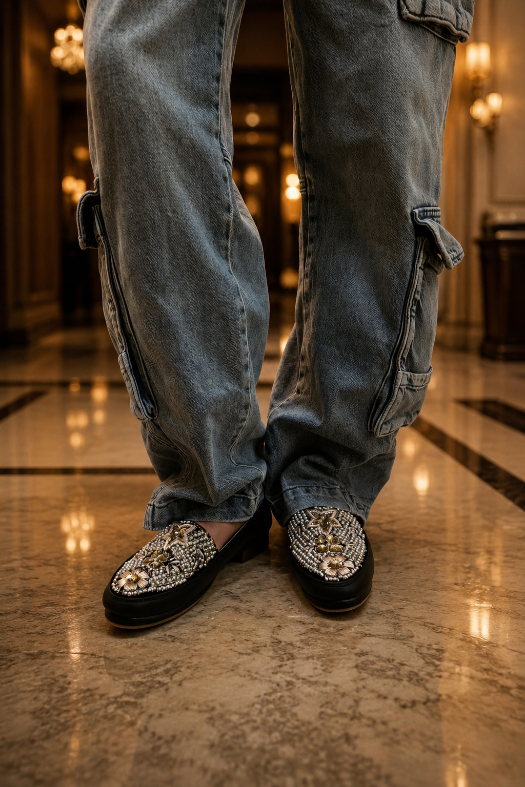 Royal Pearl Black Embellished Slip-On Shoes