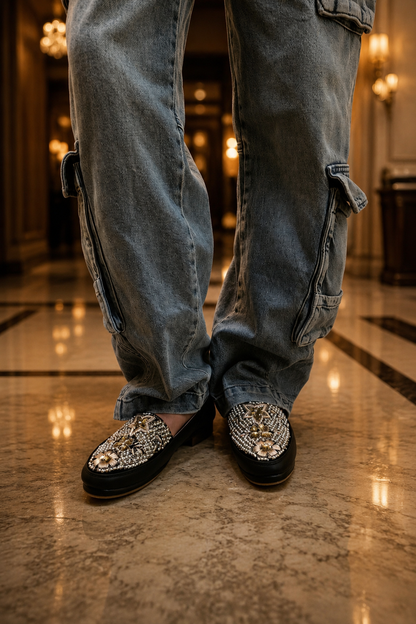 Royal Pearl Black Embellished Slip-On Shoes
