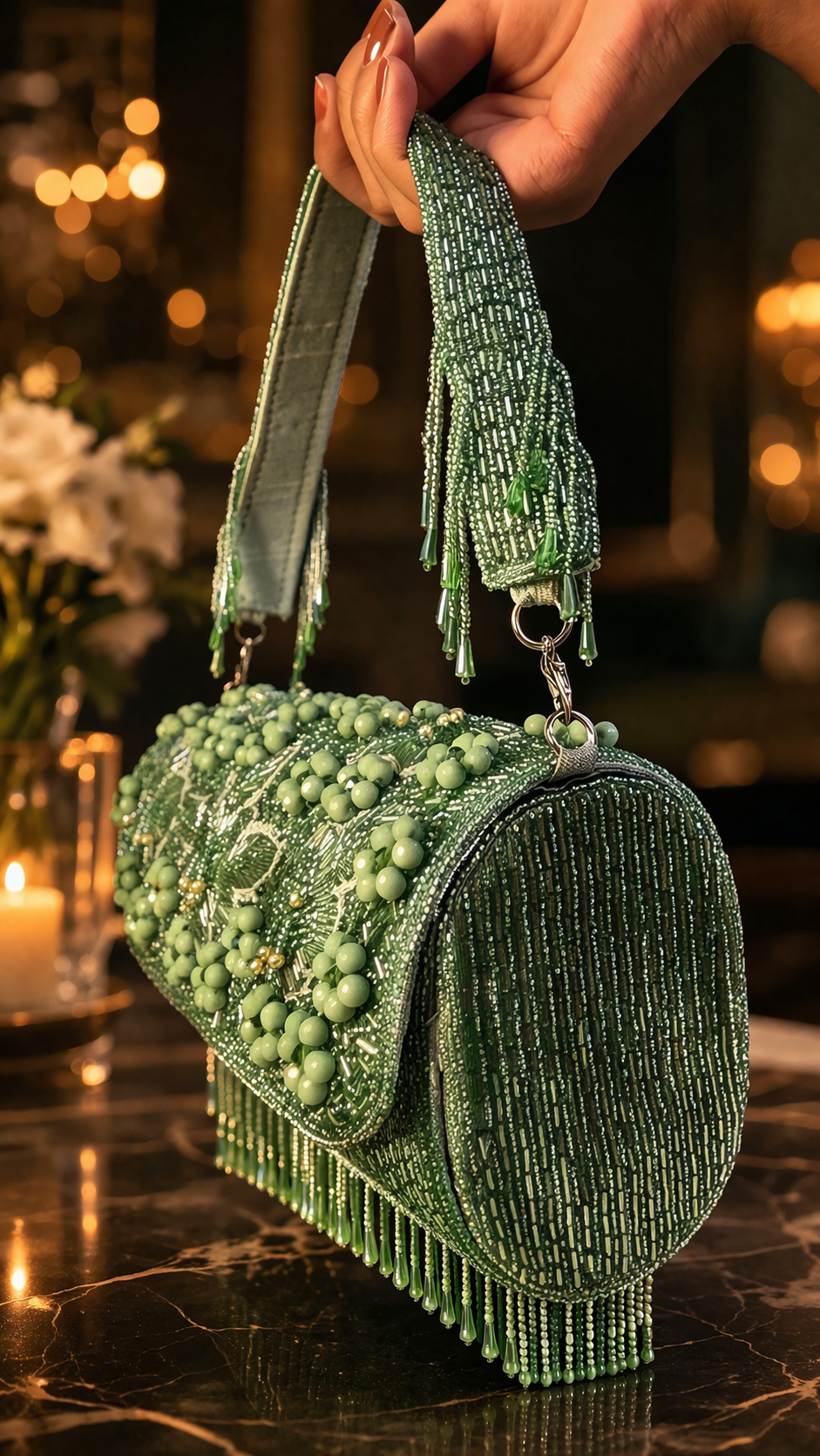 Emerald Bloom Embellished green bag