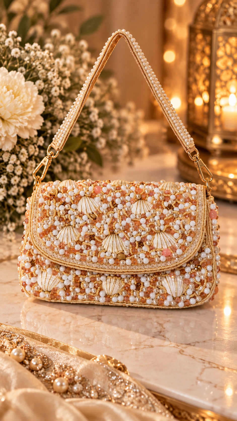 Pearl Shell Cascade Embellished Handbag- gold