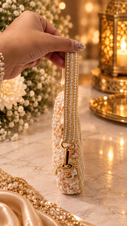Pearl Shell Cascade Embellished Handbag- gold