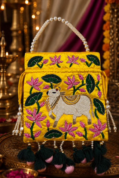 Pichwai Yellow Potli Bag