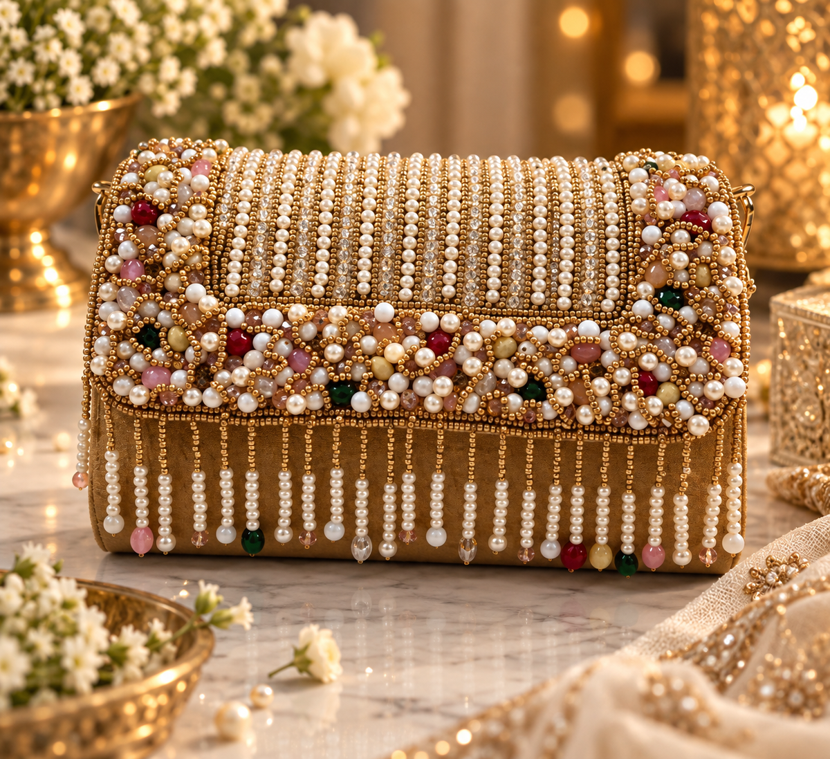 Pearl Cascade Embellished Gold Clutch