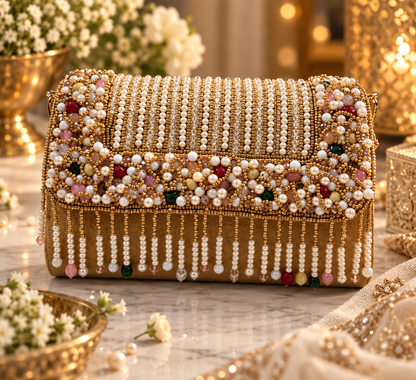 Pearl Cascade Embellished Gold Clutch