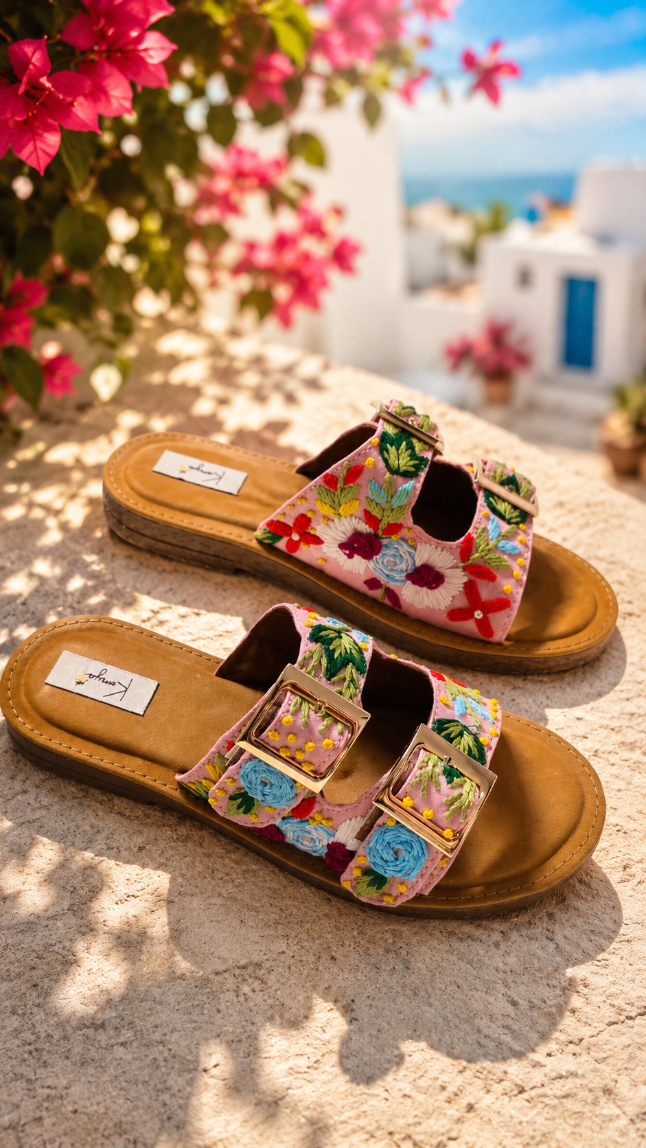 Pink Bloom Embroidered Summer Slides