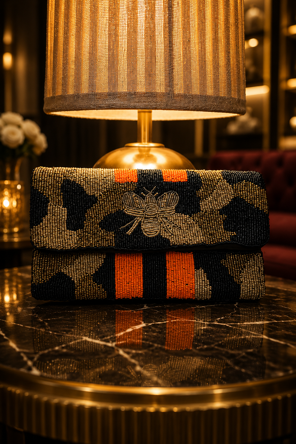 Midnight Bee Beaded Clutch