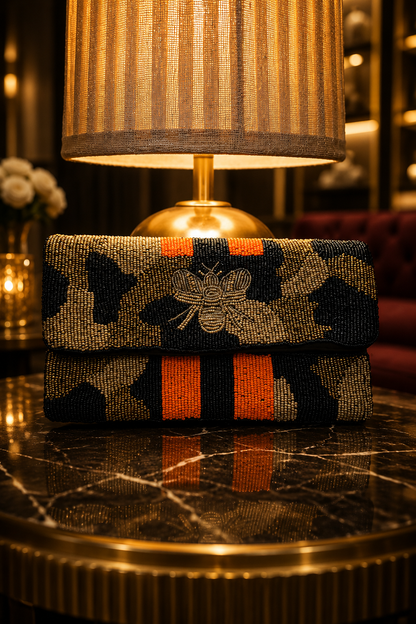 Midnight Bee Beaded Clutch