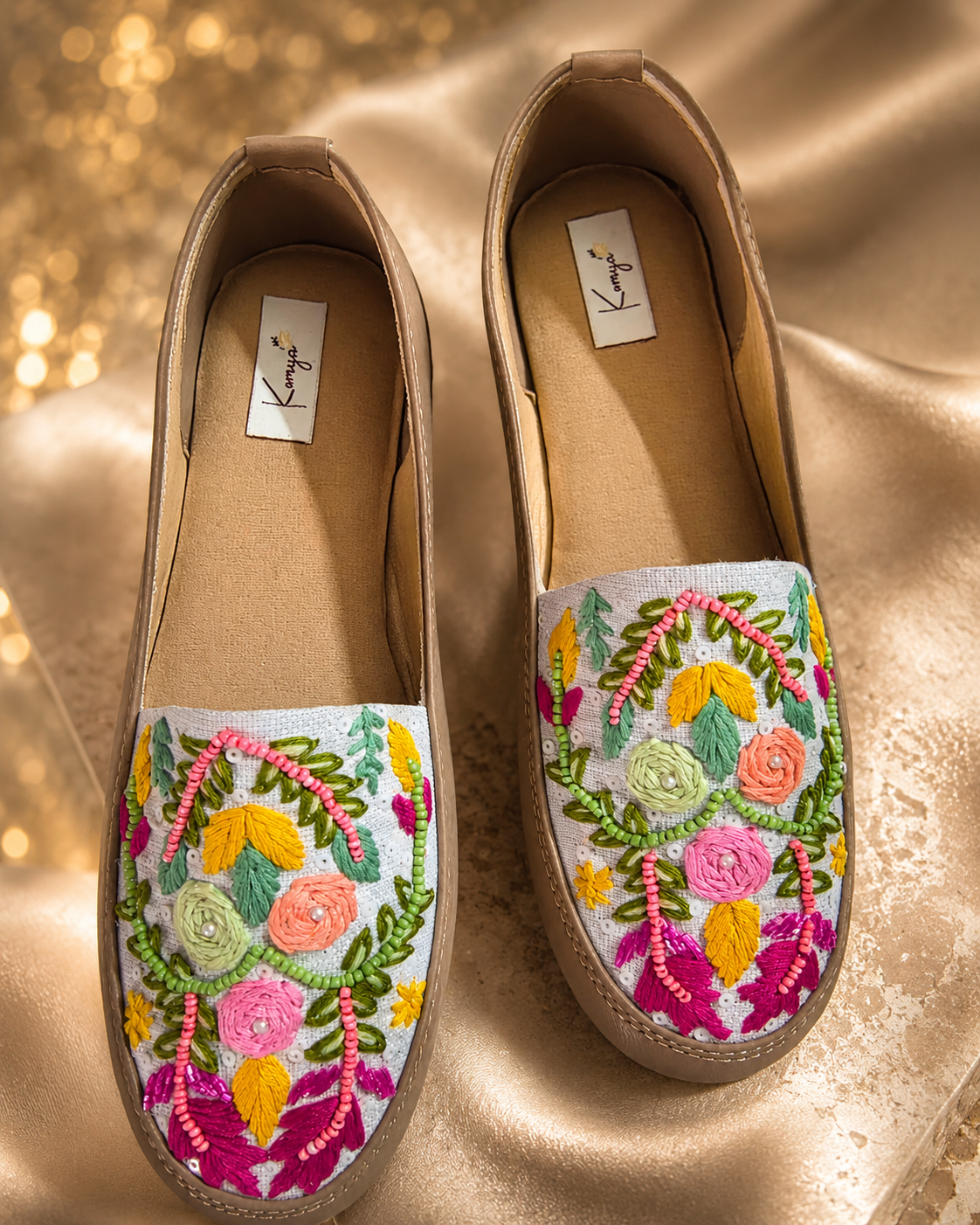Beige/white embroidery with bead detailing Slip-On Shoes